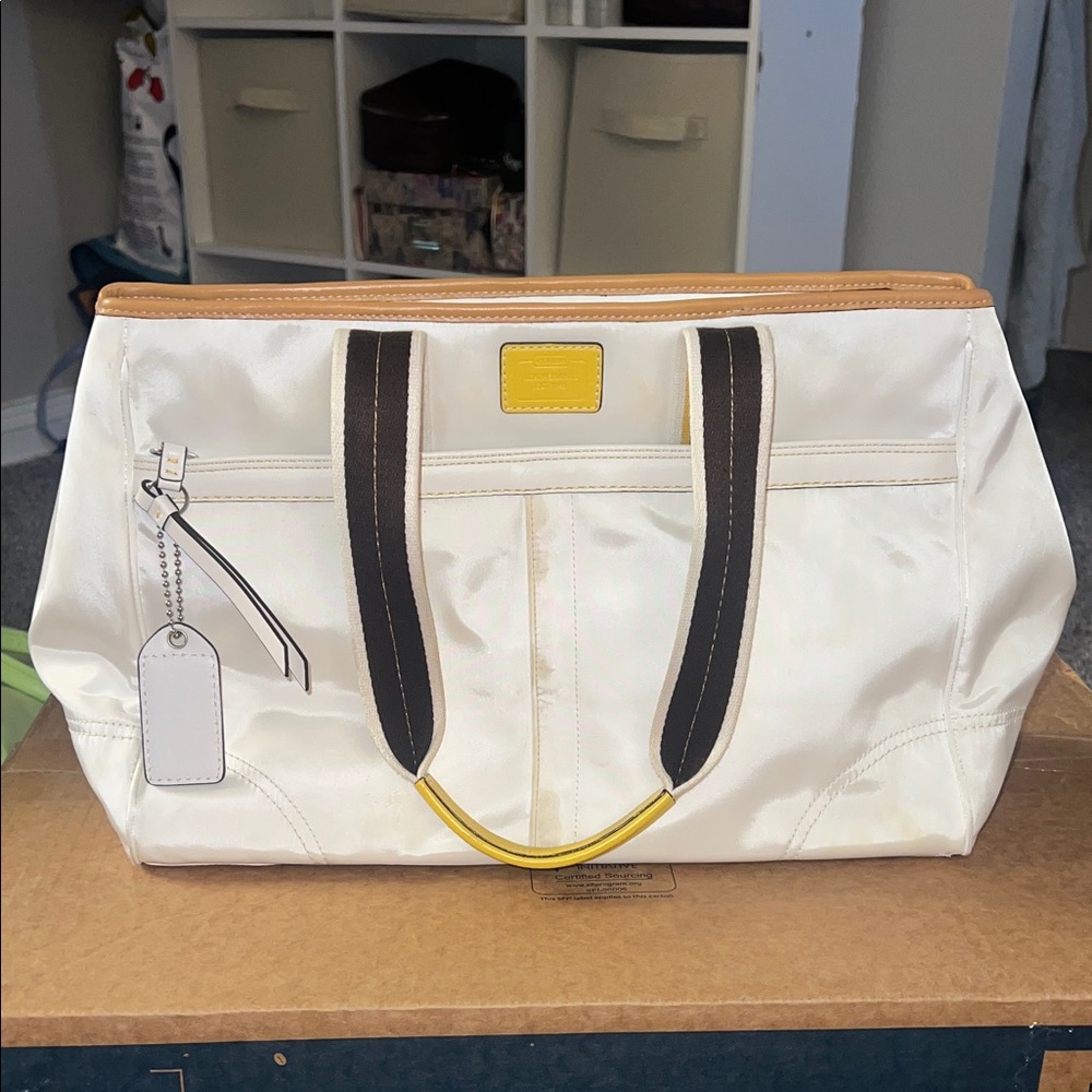 Coach Hampton Nylon Sateen Weekend Tote Handbag Purse White and Yellow
